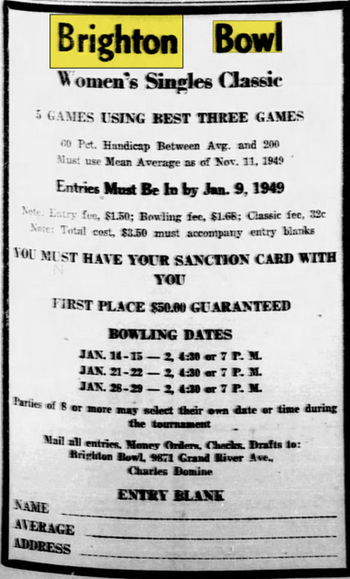 Brighton Bowl (Brighton Bowl-n-Bar) - Dec 14 1949 Ad (newer photo)